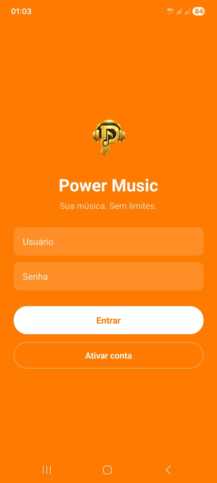 Tela de login do Power Music